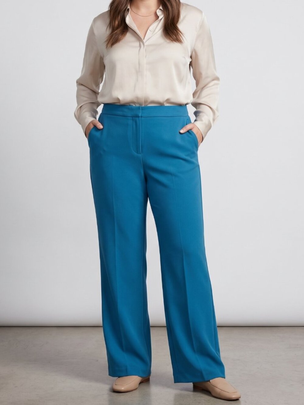 NWT Natori Azure Blue Bi-Stretch High Rise Tailored Wide Leg Trouser Size 12